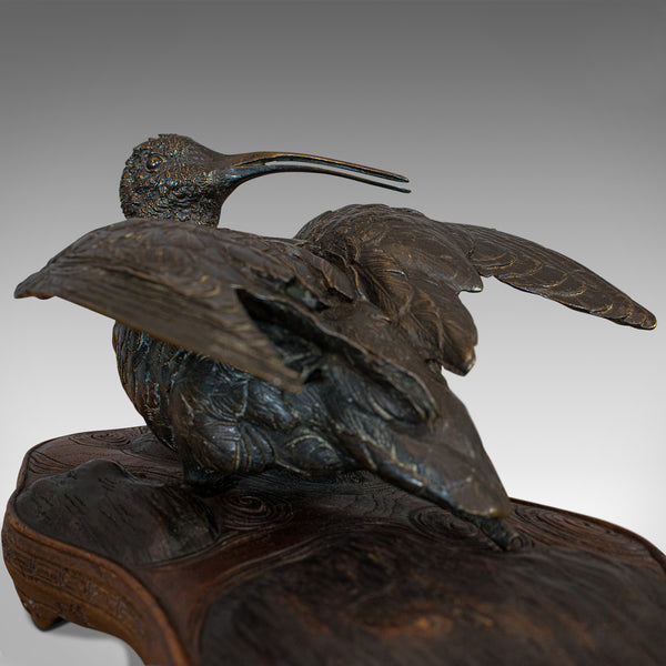 Antique, Curlew, Oriental, Bronze, Mahogany, Decorative, Small Bird, Circa 1900