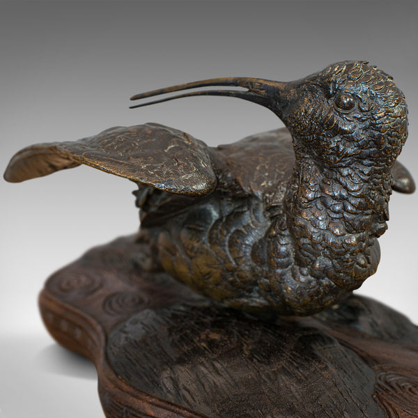 Antique, Curlew, Oriental, Bronze, Mahogany, Decorative, Small Bird, Circa 1900