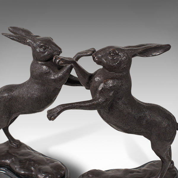 Vintage Pair of Boxing Hares, English, Bronze, Figures, Bookends, Circa 1960