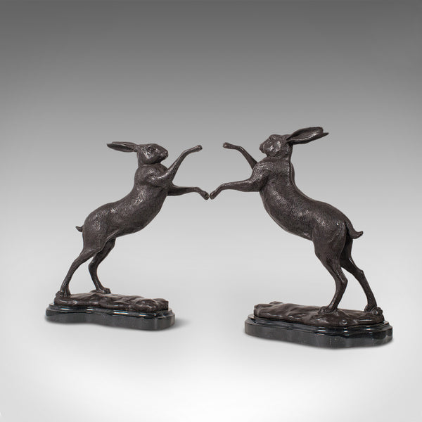 Vintage Pair of Boxing Hares, English, Bronze, Figures, Bookends, Circa 1960