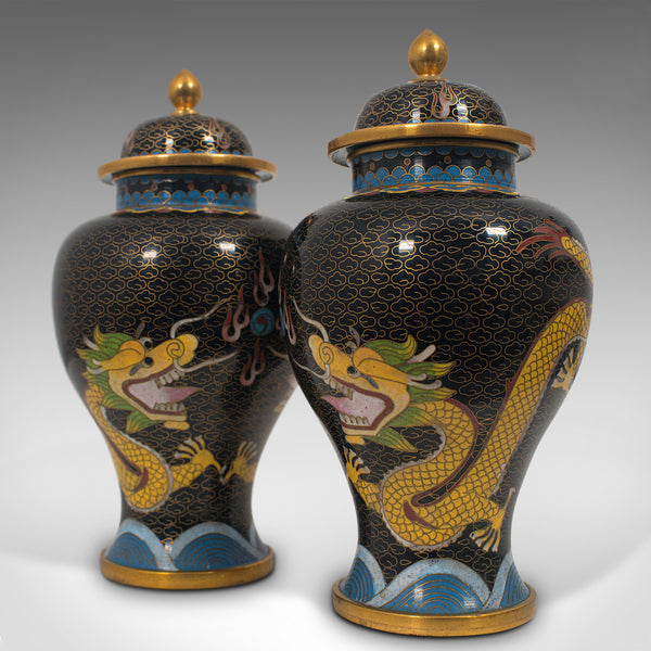 Pair Of, Antique Decorative Spice Jars, Chinese, Cloisonne, Baluster Urn, C.1900