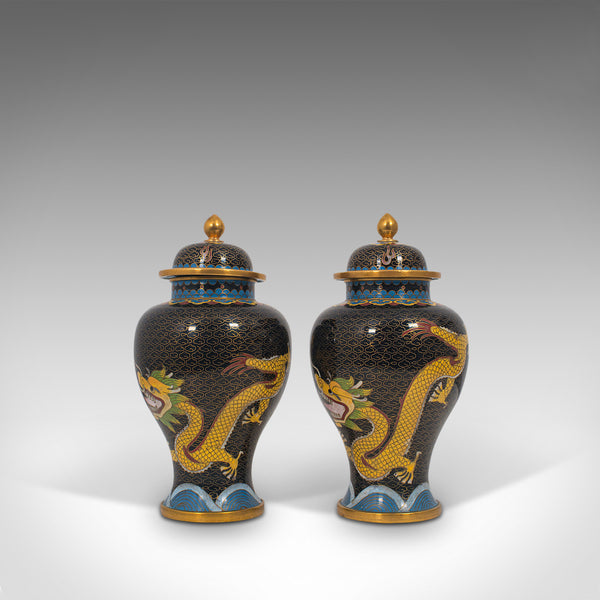 Pair Of, Antique Decorative Spice Jars, Chinese, Cloisonne, Baluster Urn, C.1900