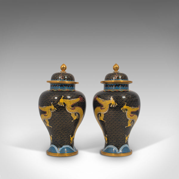 Pair Of, Antique Decorative Spice Jars, Chinese, Cloisonne, Baluster Urn, C.1900