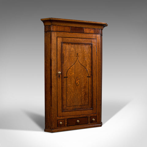 Superb Antique Corner Cabinet, English, Oak, Mahogany, Inlay, Cupboard, Georgian