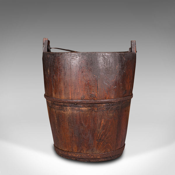 Antique Well Bucket, English, Fruitwood, Wrought Iron, Fireside Bin, Georgian