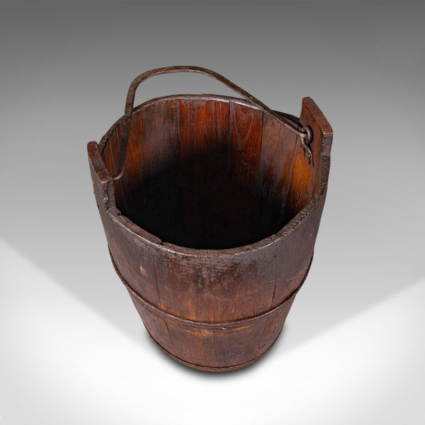 Antique Well Bucket, English, Fruitwood, Wrought Iron, Fireside Bin, Georgian