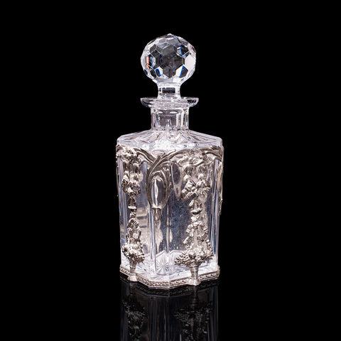 Vintage Whiskey Decanter, Portuguese, Glass, Spirit, Silver Filigree, Circa 1970