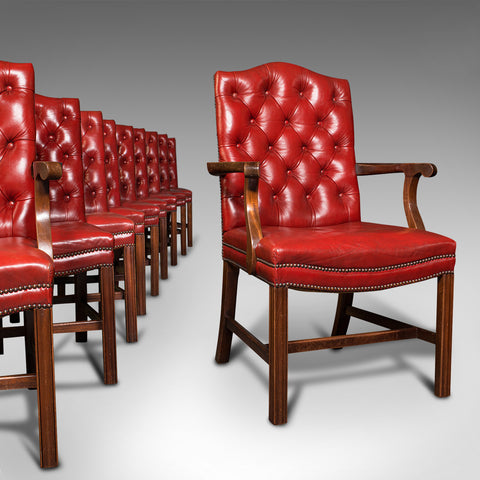 Set Of 10 Antique Gainsborough Chairs, English, Leather, Carver, Edwardian, 1910