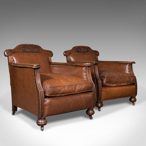 Pair Of, Antique Gentleman's Club Chairs, Leather, Fireside, Seat, Edwardian