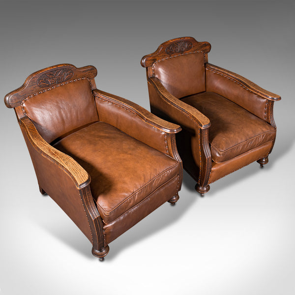 Pair Of, Antique Gentleman's Club Chairs, Leather, Fireside, Seat, Edwardian