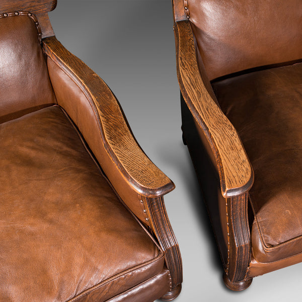 Pair Of, Antique Gentleman's Club Chairs, Leather, Fireside, Seat, Edwardian