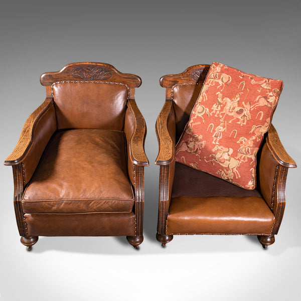 Pair Of, Antique Gentleman's Club Chairs, Leather, Fireside, Seat, Edwardian