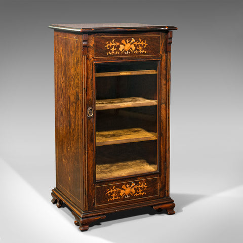 Antique Music Cabinet, English, Rosewood, Display Case, Inlay, Victorian, C.1870