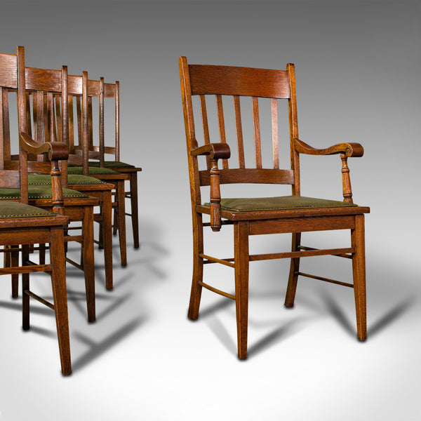 Set, 6, Antique Dining Chairs, English, Oak, Carver, Seat, Arts And Crafts Taste