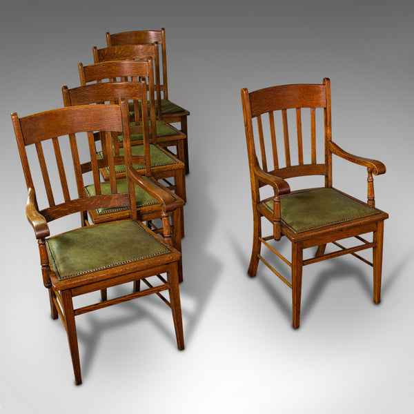 Set, 6, Antique Dining Chairs, English, Oak, Carver, Seat, Arts And Crafts Taste