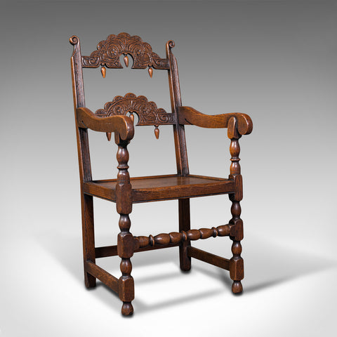 Antique Carved Elbow Chair, Oak, Side, Hall Seat, Jacobean Revival, Victorian