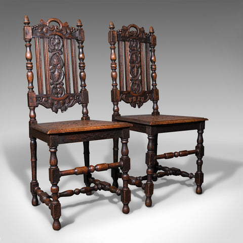 Antique Carved Hall Chairs, Scottish, Oak, Decorative, Side Seat, Victorian