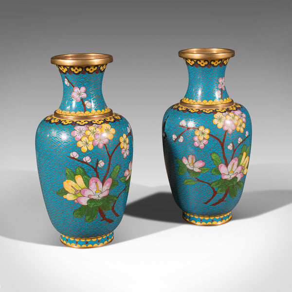 Pair Of Vintage Cloisonne Posy Vases, Chinese, Flower, Baluster, Art Deco, 1940