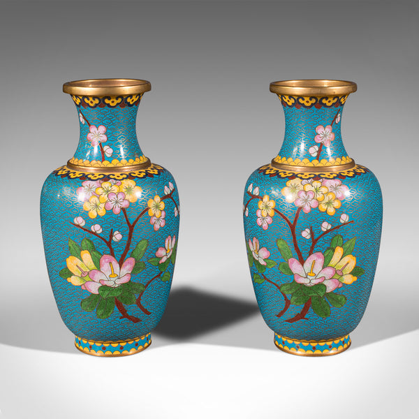 Pair Of Vintage Cloisonne Posy Vases, Chinese, Flower, Baluster, Art Deco, 1940