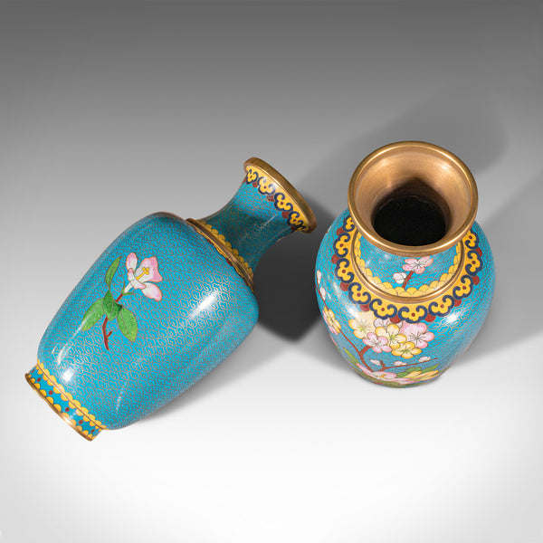 Pair Of Vintage Cloisonne Posy Vases, Chinese, Flower, Baluster, Art Deco, 1940