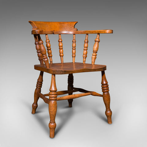 Antique Elbow Chair, English, Beech, Elm, Smoker's Bow, Captain, Victorian, 1900