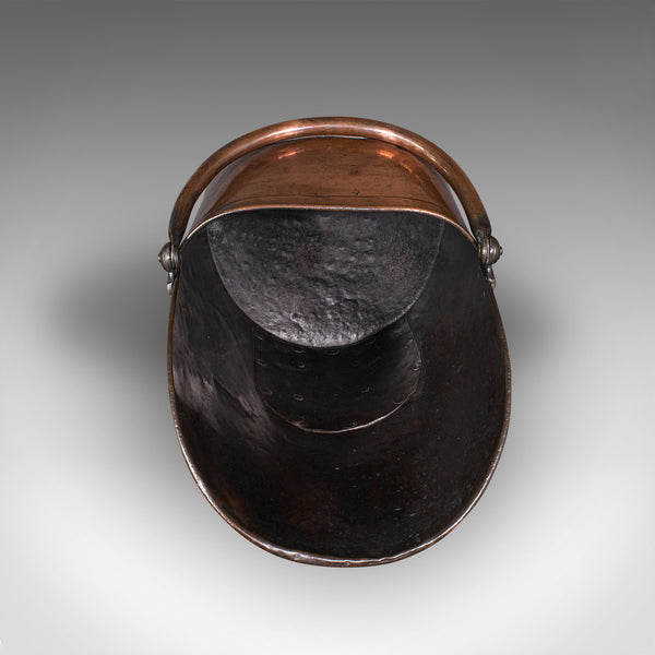 Antique Helmet Scuttle, English, Copper, Fireside Coal Bucket, Victorian, C.1850