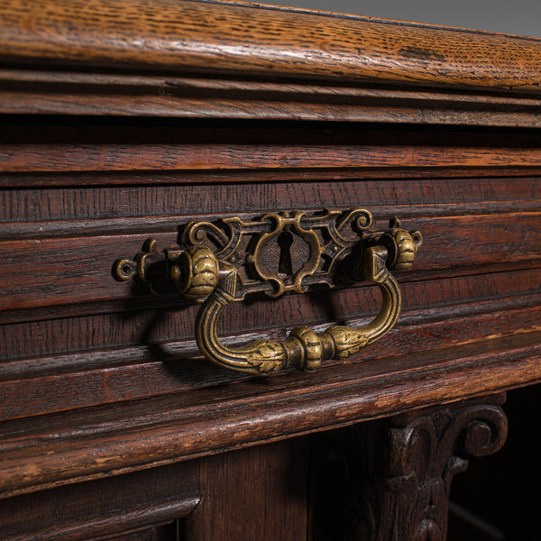 Large Antique Pedestal Desk, English, Oak, Gothic Revival, Victorian, Circa 1870