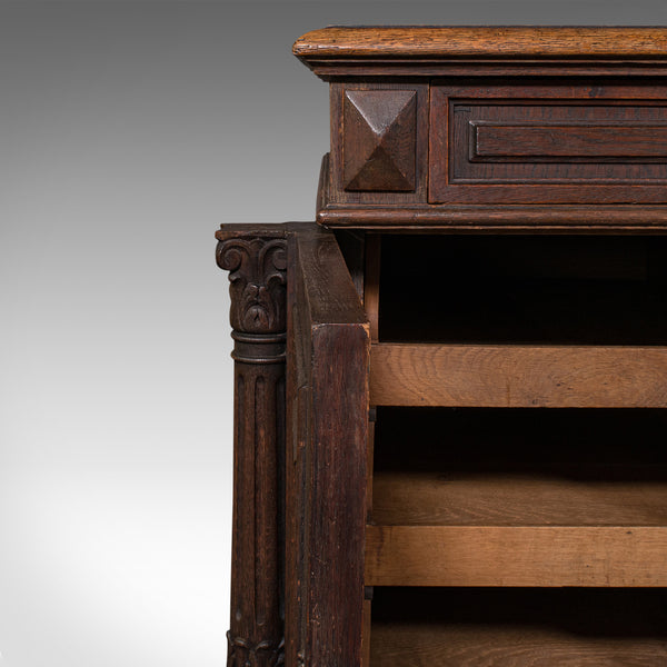 Large Antique Pedestal Desk, English, Oak, Gothic Revival, Victorian, Circa 1870