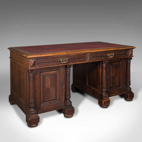 Large Antique Pedestal Desk, English, Oak, Gothic Revival, Victorian, Circa 1870