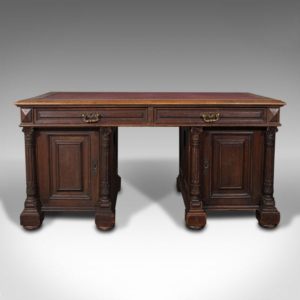 Large Antique Pedestal Desk, English, Oak, Gothic Revival, Victorian, Circa 1870