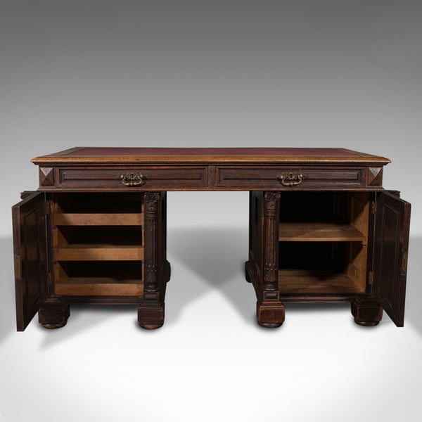 Large Antique Pedestal Desk, English, Oak, Gothic Revival, Victorian, Circa 1870