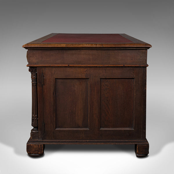 Large Antique Pedestal Desk, English, Oak, Gothic Revival, Victorian, Circa 1870