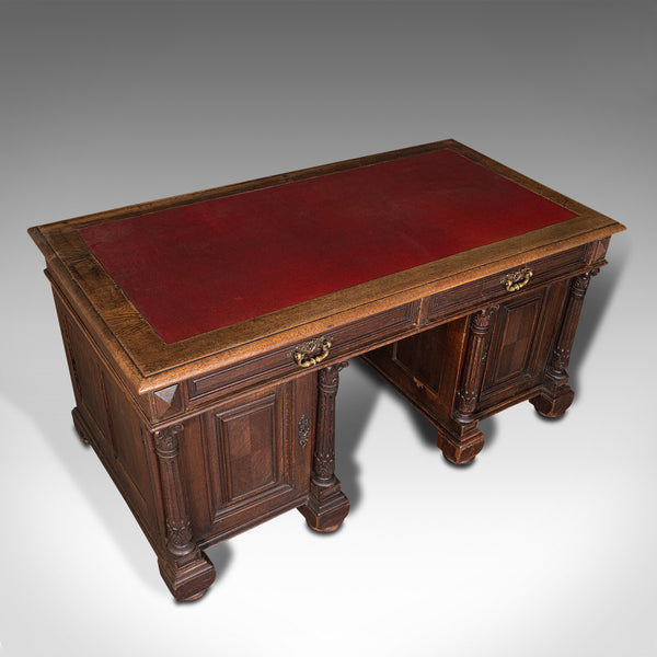 Large Antique Pedestal Desk, English, Oak, Gothic Revival, Victorian, Circa 1870