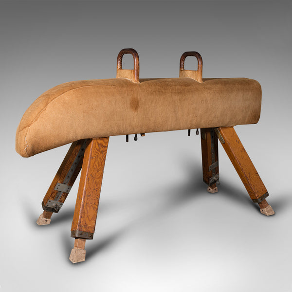 Vintage Gymnastic Pommel Horse, English, Suede, Pine, Athletic, Vaulting, C.1960