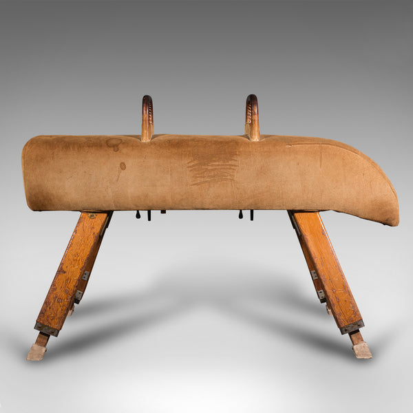 Vintage Gymnastic Pommel Horse, English, Suede, Pine, Athletic, Vaulting, C.1960