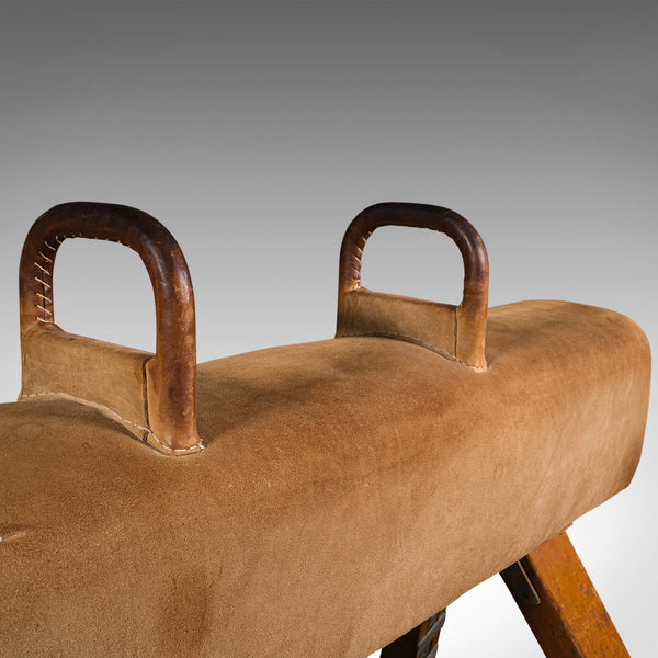 Vintage Gymnastic Pommel Horse, English, Suede, Pine, Athletic, Vaulting, C.1960