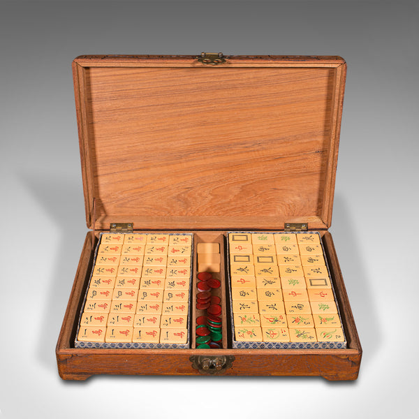 Vintage Cased Mah Jong Set, Chinese, Teak, Gaming Box, Oriental, Mah-Jongg, 1970