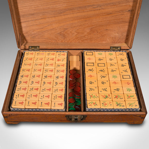 Vintage Cased Mah Jong Set, Chinese, Teak, Gaming Box, Oriental, Mah-Jongg, 1970