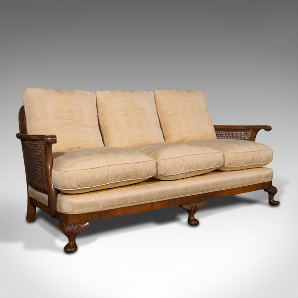 Antique Bergere Sofa, English, Walnut, Cane, 3 Seat, Settee, Art Deco, Edwardian