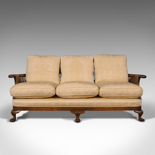 Antique Bergere Sofa, English, Walnut, Cane, 3 Seat, Settee, Art Deco, Edwardian