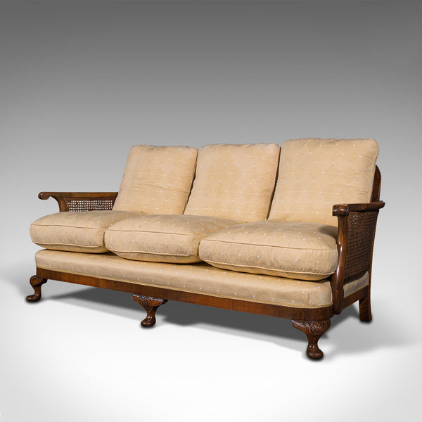 Antique Bergere Sofa, English, Walnut, Cane, 3 Seat, Settee, Art Deco, Edwardian