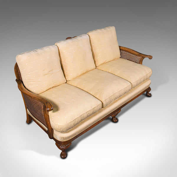 Antique Bergere Sofa, English, Walnut, Cane, 3 Seat, Settee, Art Deco, Edwardian