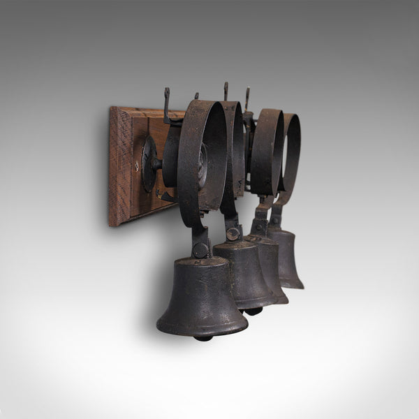 Set Of Antique Servant's Bells, English, Cast Iron, Oak, Butler, Victorian, 1860