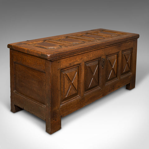 Large Antique Four Panel Coffer, Scottish, Oak, Chest, Window Seat, Georgian