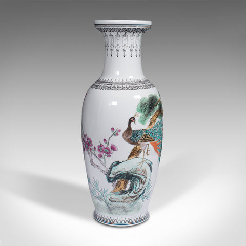 Vintage Flower Vase, Chinese, Ceramic, Decorative Urn, Peacock Motif, Circa 1960