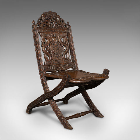 Antique Campaign Chair, Chinese, Carved, Folding Colonial Seat, Victorian, 1850