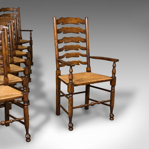 Set Of 8 Vintage Lancashire Wavy Line Ladder Back Chairs, Oak, Georgian Revival