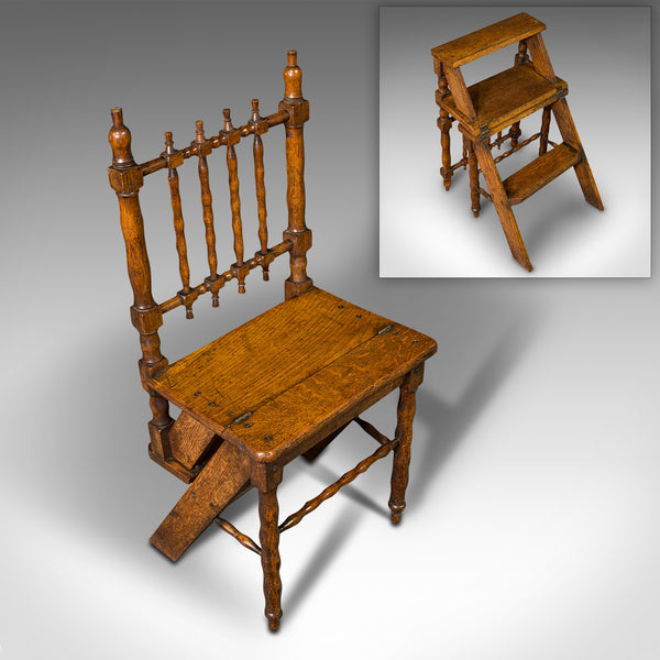 Set Of Antique Metamorphic Library Steps, English, Oak, Folding Chair, Georgian