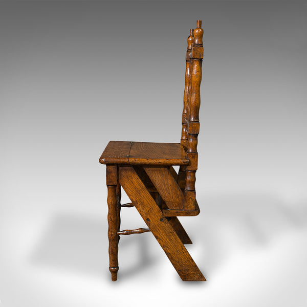 Set Of Antique Metamorphic Library Steps, English, Oak, Folding Chair, Georgian