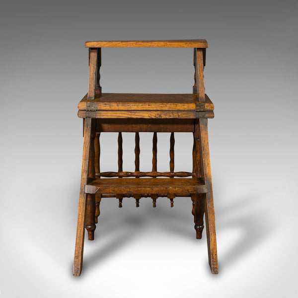 Set Of Antique Metamorphic Library Steps, English, Oak, Folding Chair, Georgian